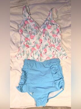Pink Flamingo Print Tankini Top with Blue High-Waist Bottoms Size Medium/Small